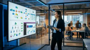 Businesswoman analyzing Power Platform workflows in a modern office setting.
