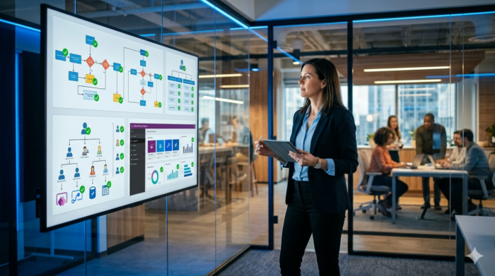 Businesswoman analyzing Power Platform workflows in a modern office setting.