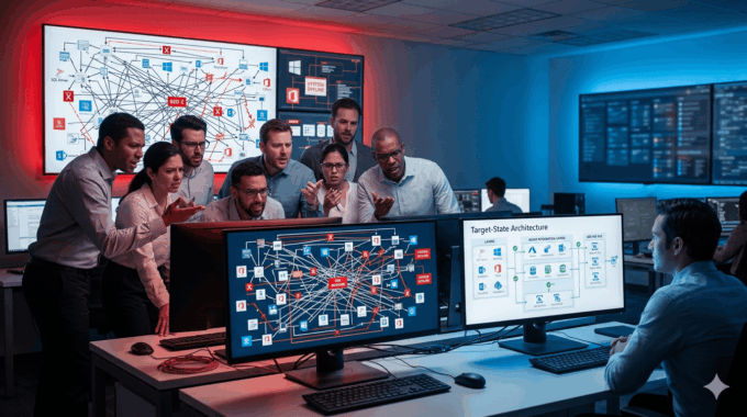 Team analyzing complex IT network and system integration issues in a corporate setting.