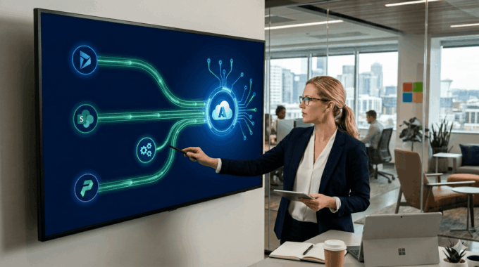 Businesswoman interacting with AI-powered digital integration dashboard in modern office.