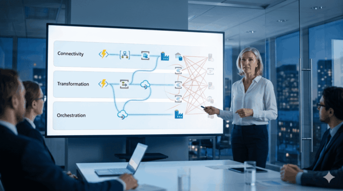 Diagram of Microsoft integration architecture showcasing connectivity, transformation, and orchestra.