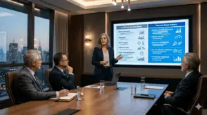 Business meeting discussing staff augmentation and strategic delivery models at a corporate conferen.