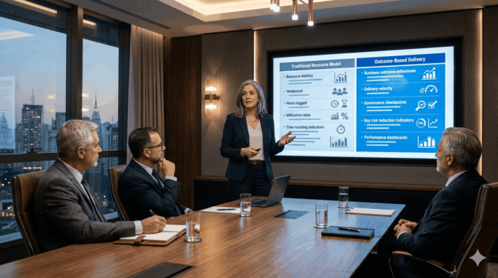 Business meeting discussing staff augmentation and strategic delivery models at a corporate conferen.