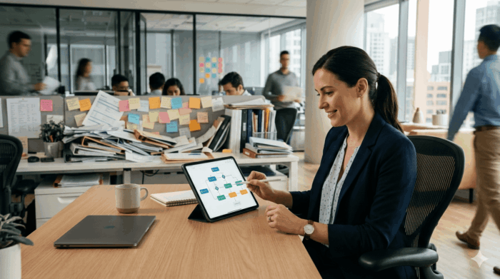 Businesswoman using workflow automation tools on tablet in modern office.