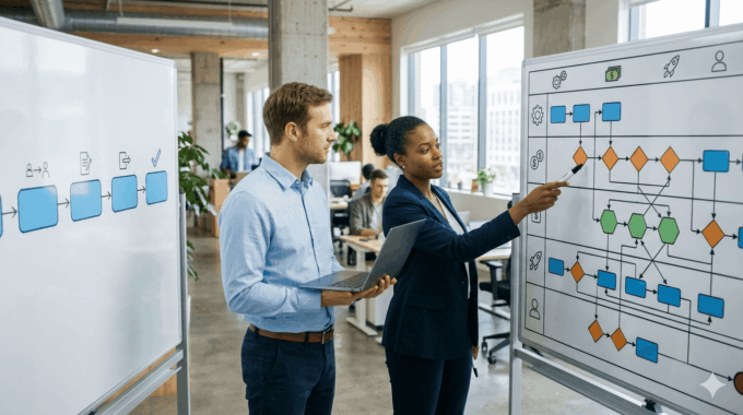 Business professionals analyzing workflow automation charts in a modern office.