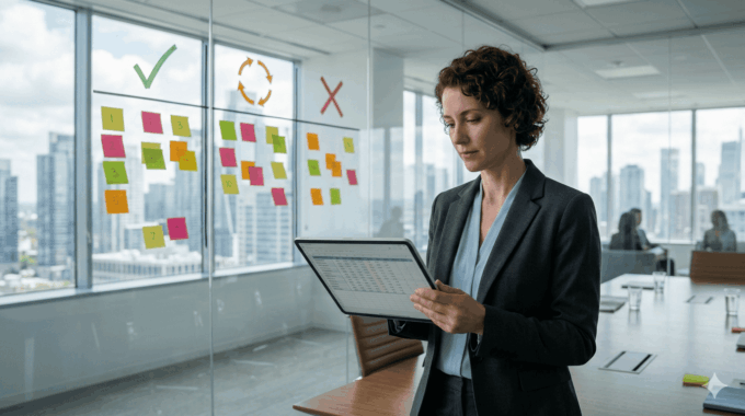 Businesswoman reviewing workflow automation decision framework in modern office.