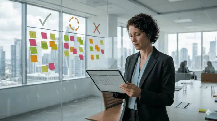 Businesswoman reviewing workflow automation decision framework in modern office.
