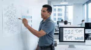 A man points at a system diagram on an office wall next to a computer displaying data dashboards