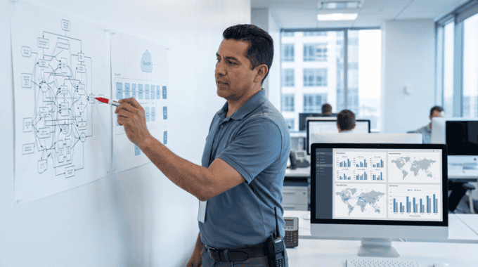 Business analyst analyzing data charts on whiteboard in modern office.