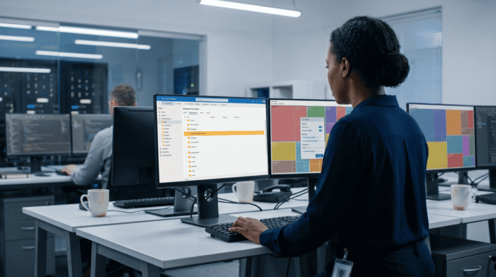 Professional woman working on multiple monitors in a high-tech office.