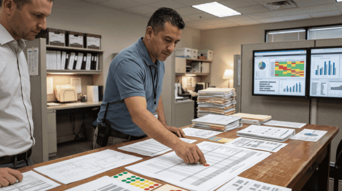 Two professionals reviewing data reports and charts in an office setting.