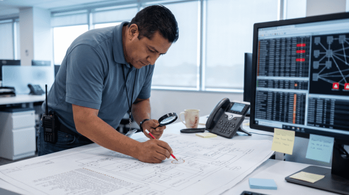 A man in an office reviews a large printed system diagram with a magnifying glass and red pencil