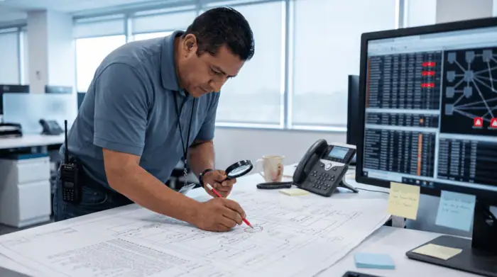 Engineer analyzing network diagrams and data on a desk in an office.