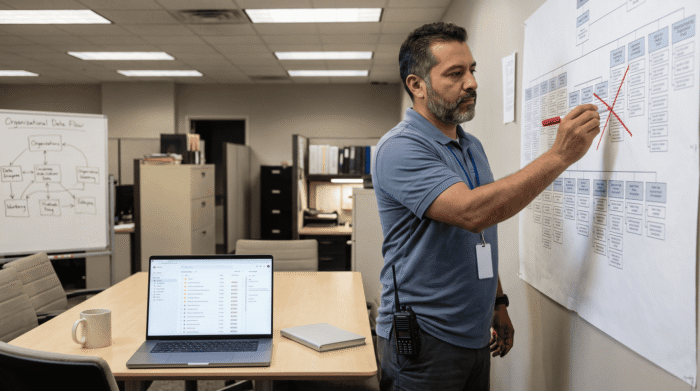 IT professional reviewing project plan on whiteboard in office.