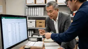 Two professionals analyzing data on a computer screen in an office setting.