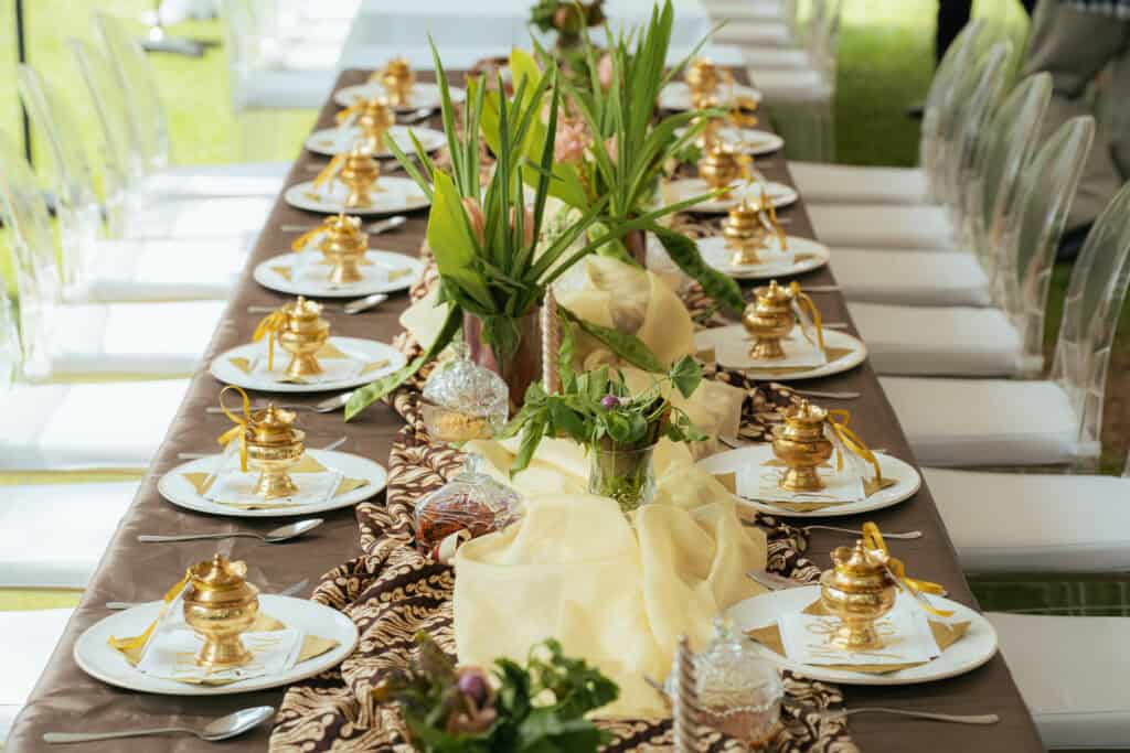 Malay Wedding with Gold Table Setting, Reception Gift and Premium Leaf Decoration 