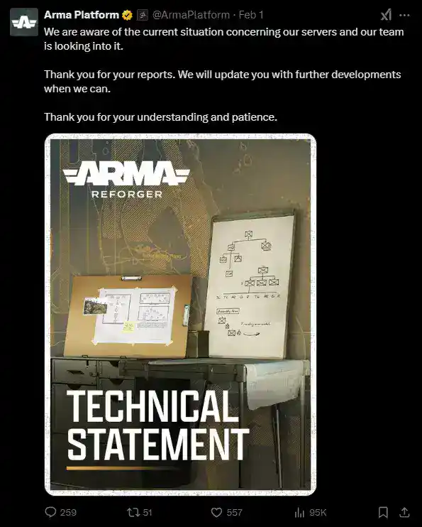Bohemia DDoS Attack post on X confirming Arma Reforger is postponed due to DDoS Attacks