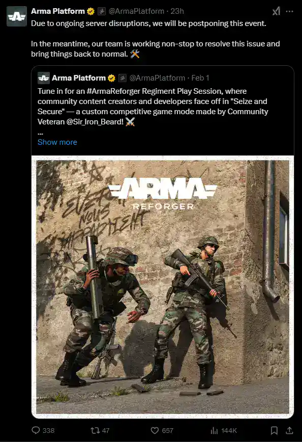 Bohemia DDoS Attack post on X confirming servers are down