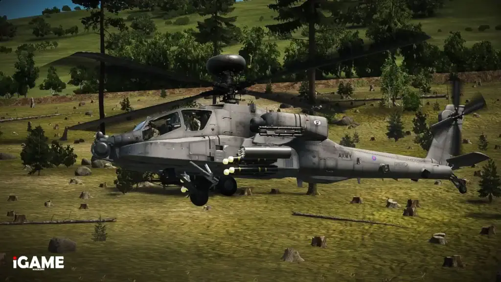 British Apache WCS helicopter mod flying over the battlefield in Arma Reforger.