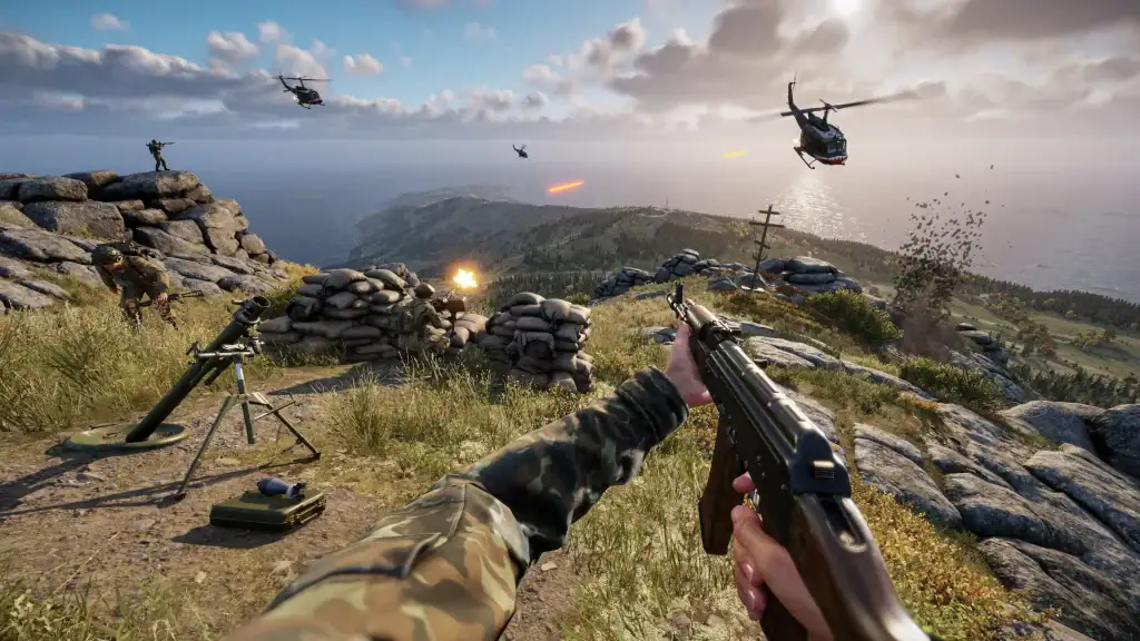 Helicopters supporting ground forces during a large-scale battle in Arma Reforger.