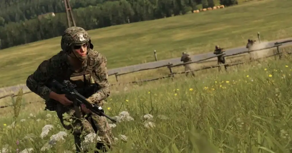 Soldier advancing across open terrain during a multiplayer combat mission in Arma Reforger.