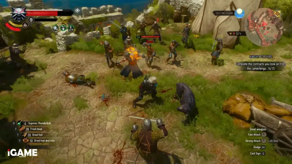 Geralt fighting multiple bandits in the Witcher 3 Multiplayer Mod