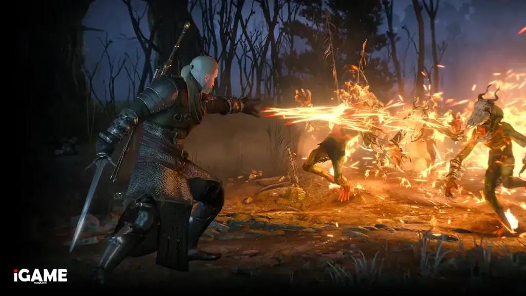 Geralt using the Igni Sign against monsters in the Witcher 3 Multiplayer Mod