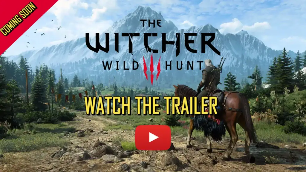 The Witcher 3 Wild Hunt trailer thumbnail showing Geralt riding through a mountainous landscape