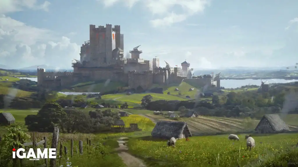 Manor Lords castle overlooking the countryside after visual improvements in beta update 0.8.086