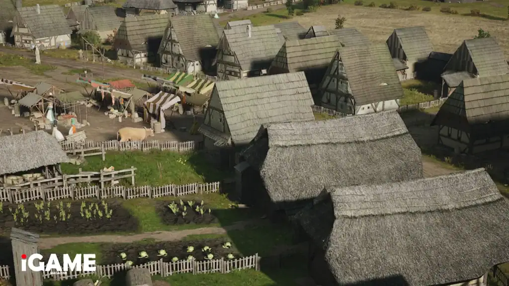 Marketplace and medieval homes in Manor Lords with updated visuals