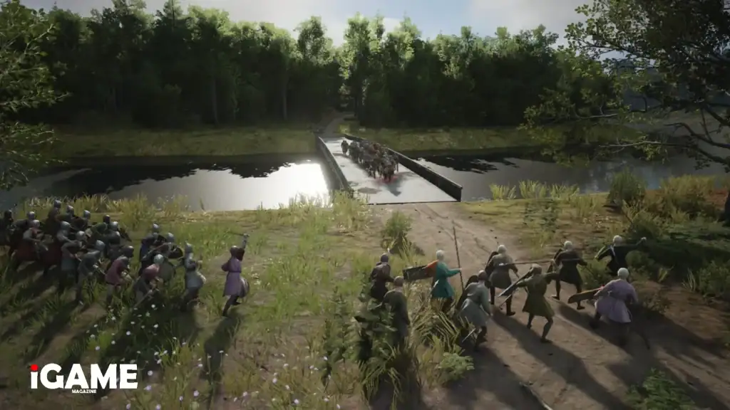 Units crossing a bridge in Manor Lords demonstrating improved pathfinding