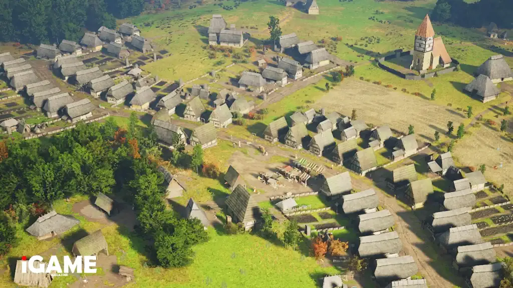 Large medieval town showing production and logistics improvements in Manor Lords