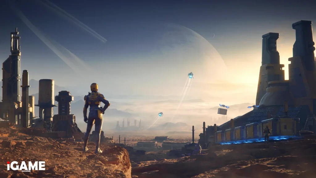 Player overlooking a futuristic colony on an alien planet in SpaceCraft
