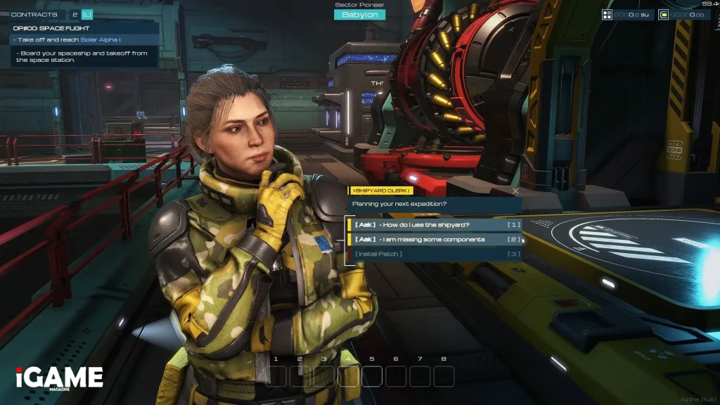 Player speaking with a shipyard NPC aboard a space station in SpaceCraft