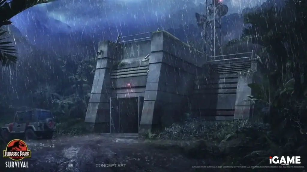 An abandoned Jurassic Park facility on Isla Nublar during a tropical storm.
