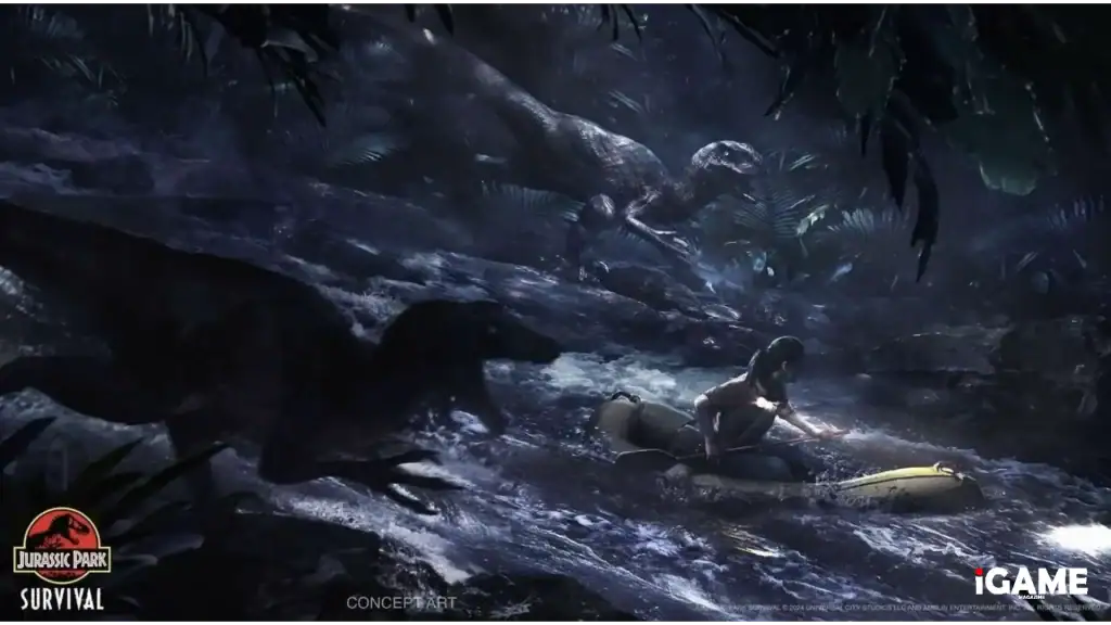 Velociraptors hunt a survivor in the jungle in Jurassic Park Survival concept art.