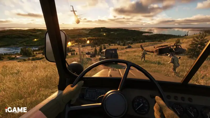 Military convoy under attack as helicopters fly overhead in the Arma Reforger 1.8 Update