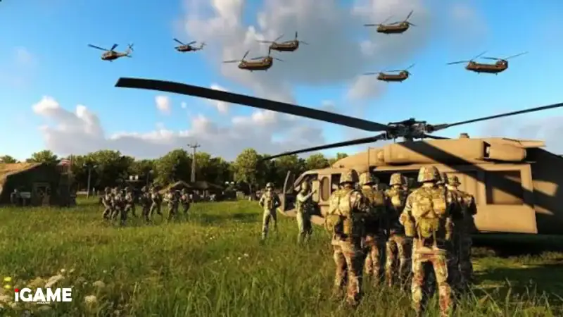 US troops deploying beside helicopters in the Arma Reforger 1.8 Update