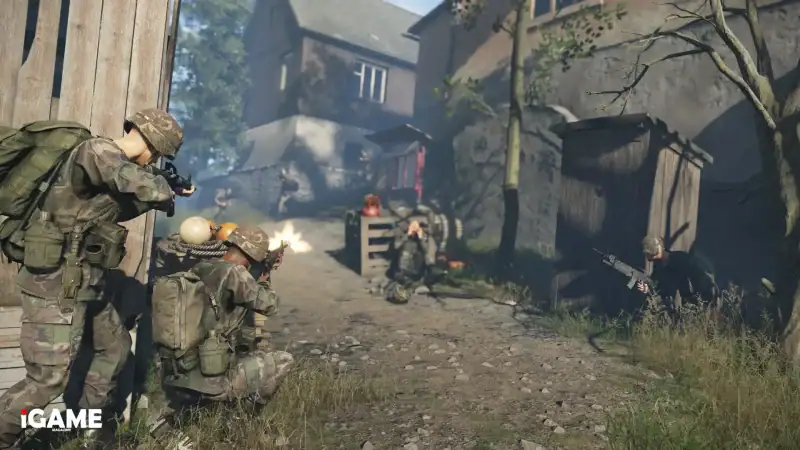 US soldiers engaging enemy forces during infantry combat in the Arma Reforger 1.8 Update