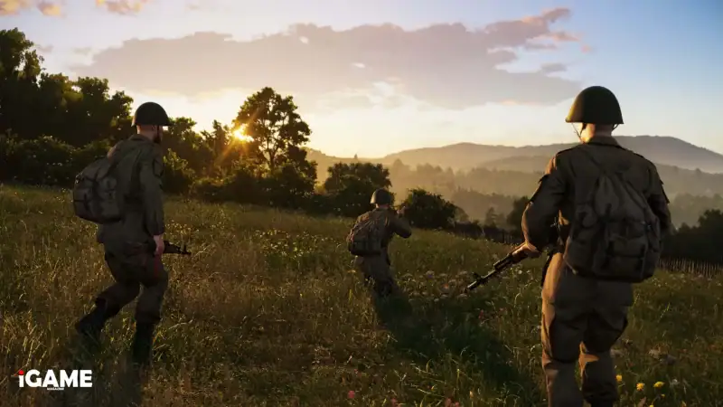 Soviet soldiers patrolling through countryside at sunset in the Arma Reforger 1.8 Update