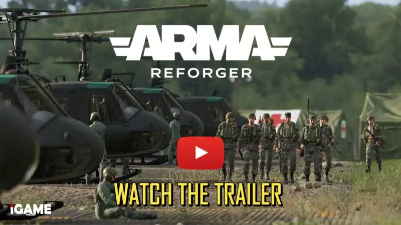 Arma Reforger 1.8 update trailer thumbnail showing soldiers walking beside military helicopters