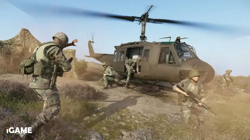 US soldiers deploying from a military helicopter in the Arma Reforger 1.8 Update