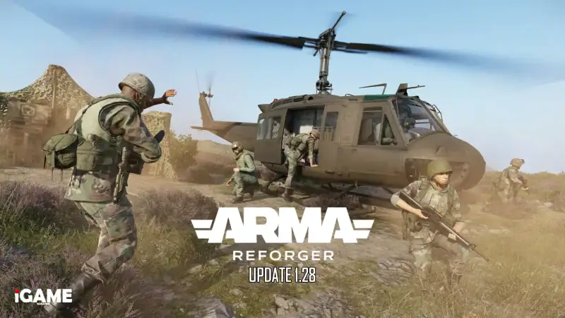 US soldiers deploying from a helicopter in Arma Reforger Update 1.8
