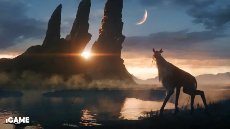 Star Wars Eclipse alien creature overlooking a rocky landscape at sunset