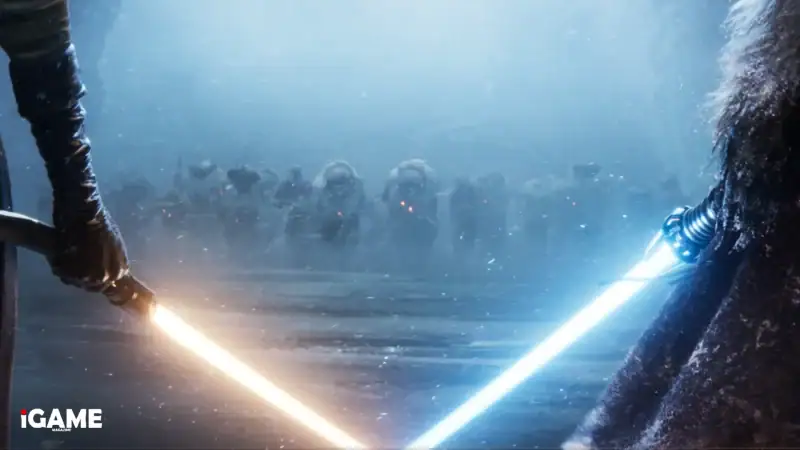 Star Wars Eclipse lightsaber duel with blue and yellow lightsabers