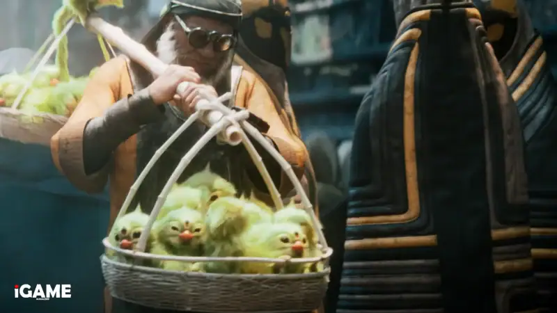 Alien market vendor carrying small creatures in Star Wars Eclipse