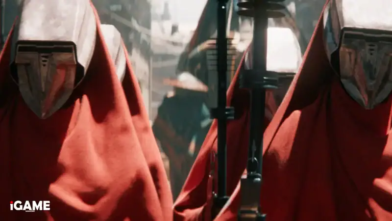 Star Wars Eclipse red-robed figures wearing metallic masks and carrying staffs