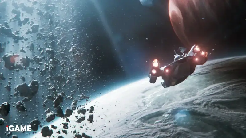 Star Wars Eclipse spacecraft flying through an asteroid field above an alien planet