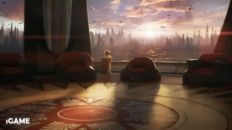 Yoda overlooking Coruscant from the Jedi Temple in Star Wars Eclipse