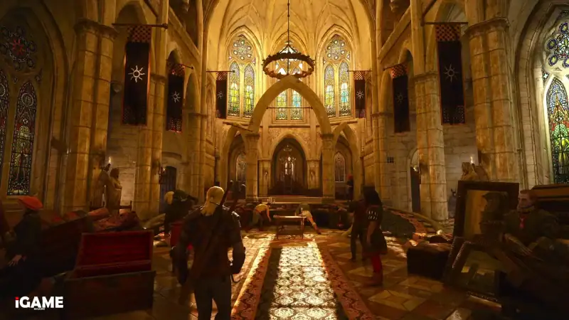 Geralt exploring a detailed cathedral interior in The Witcher 3